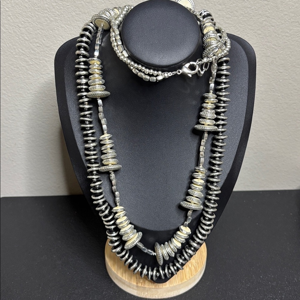 Long Double Strand Silver Disk Lobster Claw Closure Boho Bohemian Necklace
